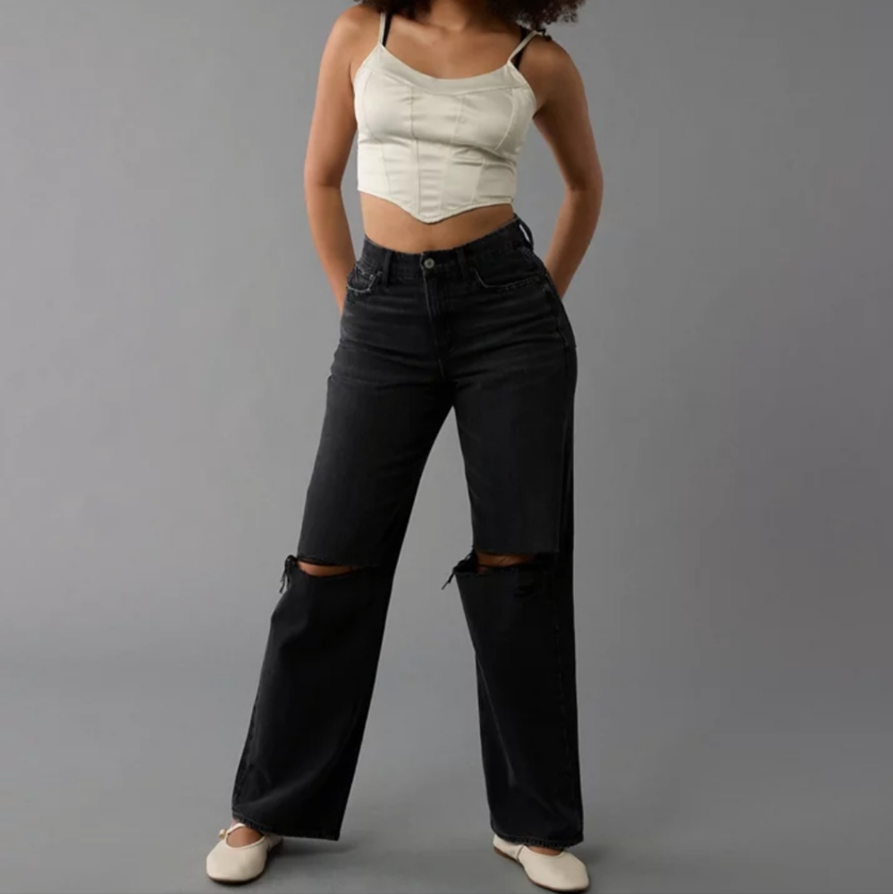 NWT 10 Short Curvy American Eagle Black Super High-Rise Baggy Straight Jeans